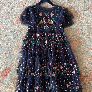 Mini Boden Navy Blue Floral Holiday Embroidered Dress Size 3-4